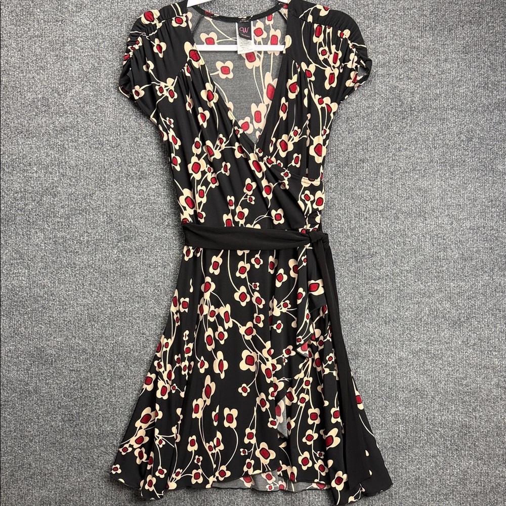 Wrapper Black Floral Midi Wrap Dress with Red and Cream Accents Medium